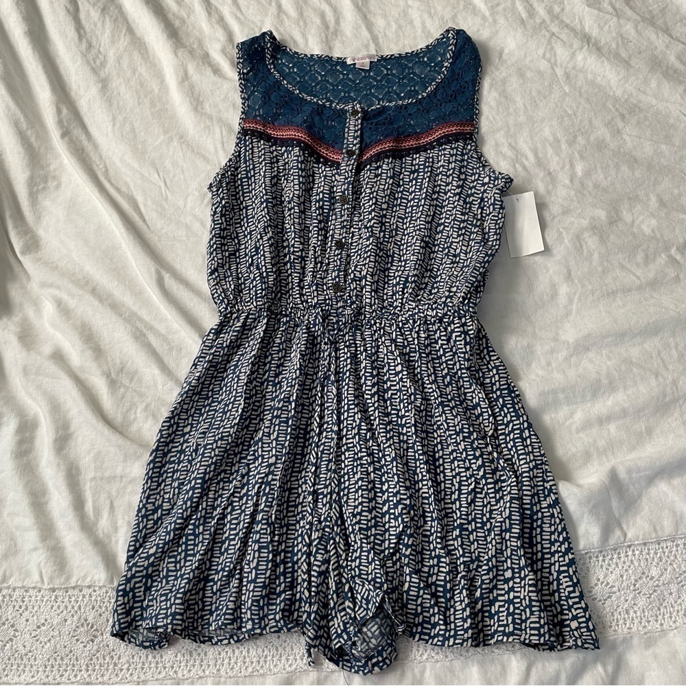 New Xhilaration SMALL Illusion Tie Waist Blue White Romper Target Lace back